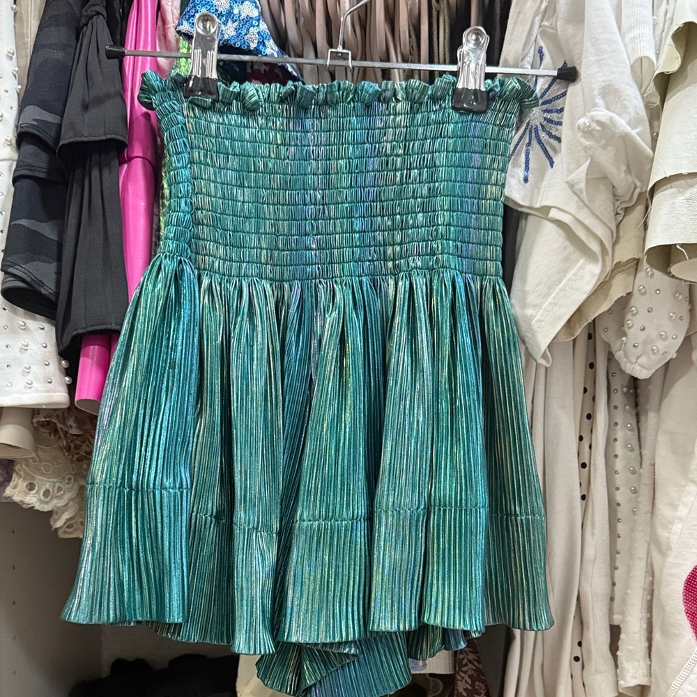 QUEEN OF SPARKLES Teal Iridescent Metallic Smocked Mini Skirt